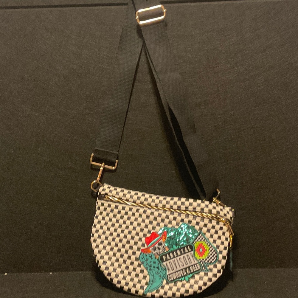 Woven Check Crossbody Bag with Embroidered Patch